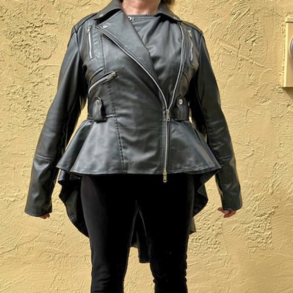 Abbraci Black Faux Leather Women's Moto Jacket with Peplum Size L - Picture 4 of 16